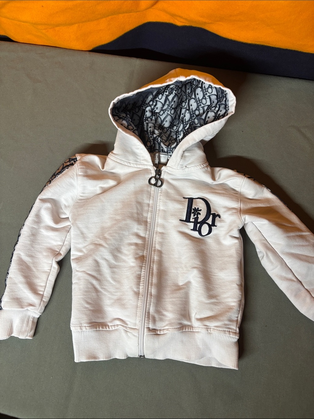 Dior Kids White Zip Hoodie with Navy Logo and Patterned Hood